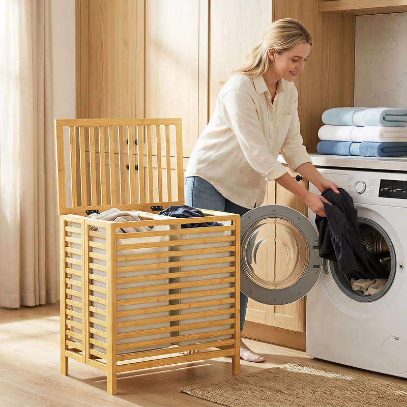 HOMCOM Cesto Portabiancheria in Bambù 64L con Coperchio, 2 Sacche in Tessuto Oxford Rimovibili e Lavabili, Color Legno