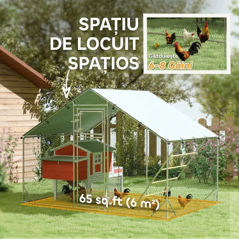 PawHut Închisoare pentru găini de 6m² pentru 6-8 animale cu acoperiș impermeabil, hrănitoare și stinghie, 3x2x1.9m, argintiu(m-4)