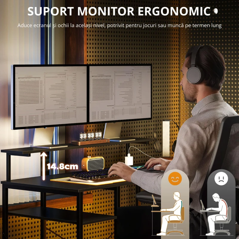 HOMCOM Birou în formă de L cu Stație de Încărcare, pentru calculator cu Suport pentru Monitor și Rafturi, Negru