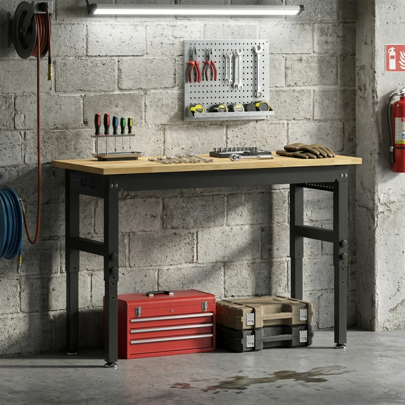 HOMCOM Banco da Lavoro in Legno e Acciaio Altezza Regolabile, 2 Prese AC, Capacità 900 kg, Color Legno e Nero