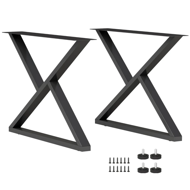 HOMCOM Set 2 Gambe per Tavolo in Acciaio a Forma di X, con 12 Viti e 4 Piedini Regolabili, Stile Industriale, Nero