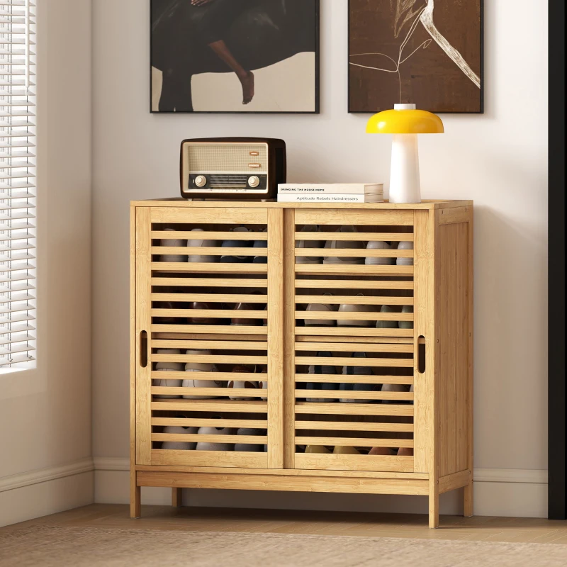 HOMCOM Bamboo Shoe Cabinet with 2 Sliding Slat Doors, 16Pairs, Adjustable Shelves, Natural