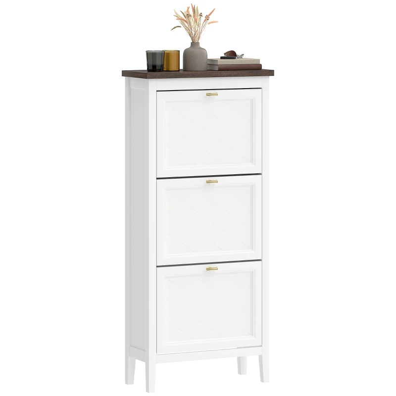 HOMCOM Shoe Cabinet with 3 Flip Drawers, Farmhouse Narrow Shoe Storage Cabinet with Adjustable Shelves, White