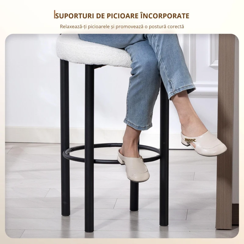 HOMCOM Set de 2 taburete de bar, scaune de bar din țesătură bouclette cu spătar curbat, suport pentru picioare, 50x52,5x98cm, crem