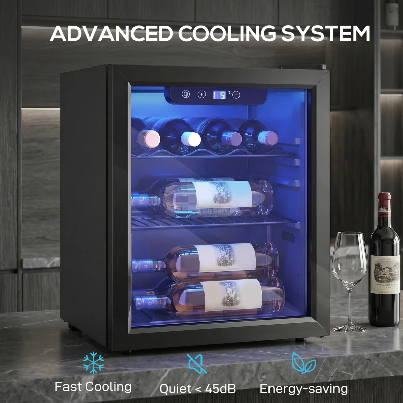 HOMCOM 16 Bottle Wine Cooler, 48 Litre Capacity, 4-16°C Under Counter Drinks Beer Wine Fridge with Glass Door, LED Light, Black