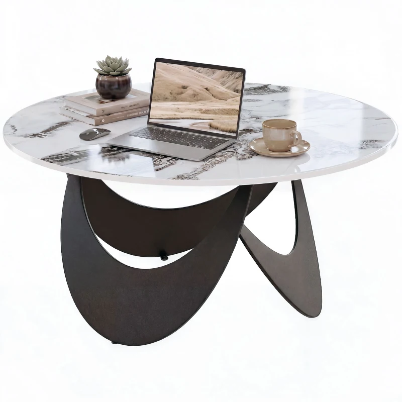 HOMCOM Coffee Table Sintered Stone Top Adjustable Foot Pads Modern Centre Table for Living Room White and Black