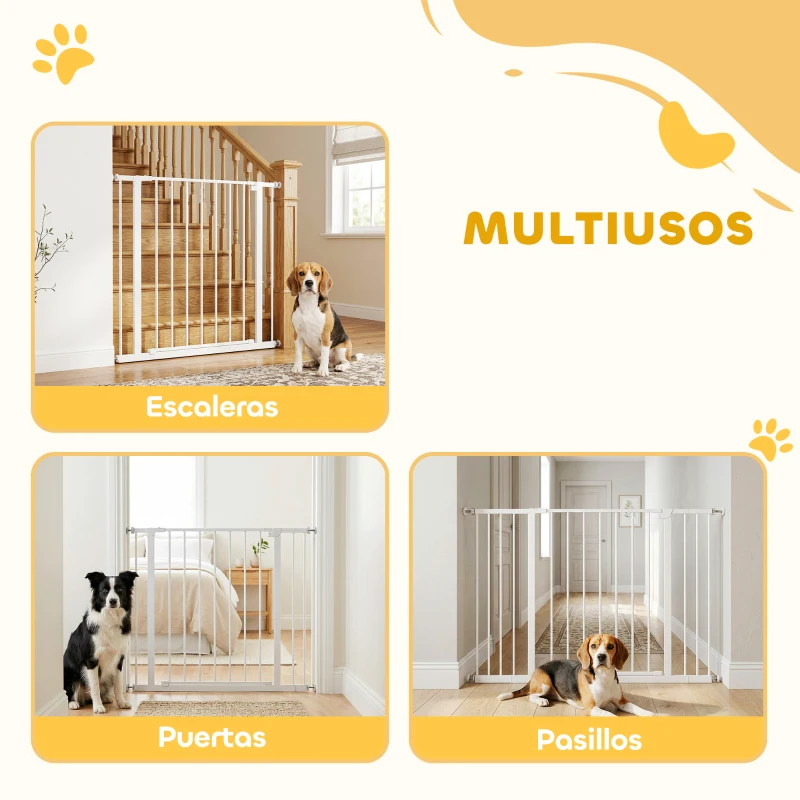 PawHut Barrera de Seguridad Extensible para Puertas y Escaleras para Perros y Bebé, Barrera para Mascotas, Ajuste a Presión, Apertura con Una Sola Mano, 2 Extensiones 15/10 cm, 76-107x76 cm, Blanco