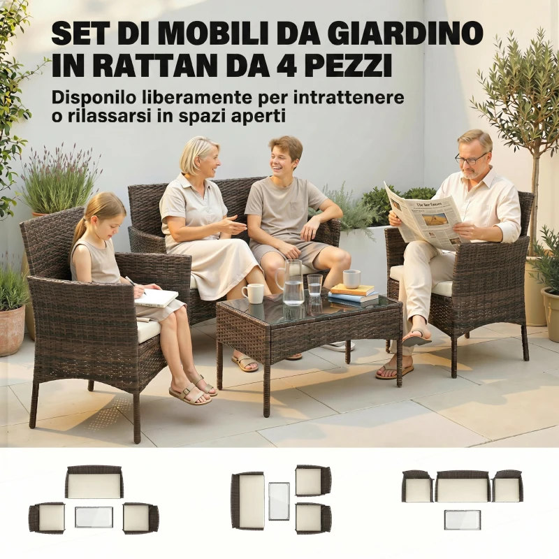 Outsunny Set da Giardino 4 Pezzi con Divano 2 Posti, 2 Sedie e Tavolino Basso, in Rattan e Acciaio, Beige e Marrone
