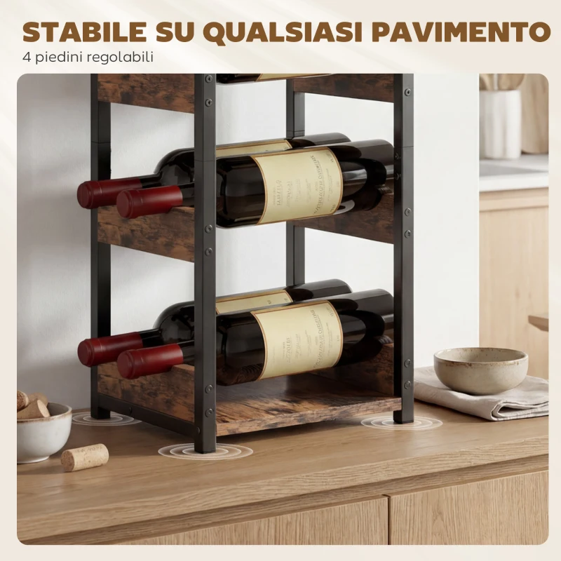 Portabottiglie HOMCOM, scaffali ondulati, piedini regolabili, marrone rustico, nero.