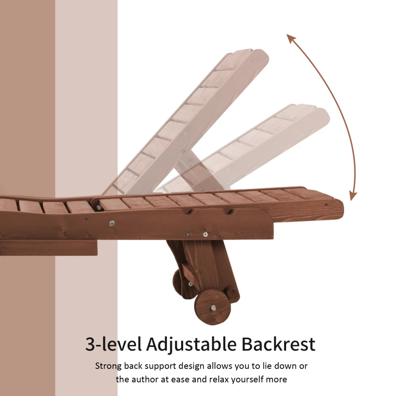 Outsunny Outdoor Wooden Lounger Chair, Sun Bed with Built-In Table, Adjustable Backrest and Wheels, Red Brown