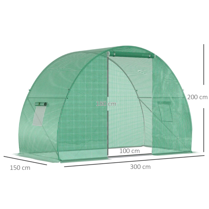 Outsunny Garden Tunnel Greenhouse winter greenhouse Floor Area 4.5 m² dim. 3L x 1.5l x 2H m Reinforced Tubular Frame Zipped Door 2 Roll-up Windows Green
