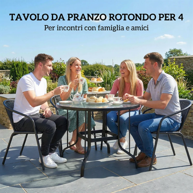 Outsunny Tavolino da Giardino Rotondo con Foro per Ombrellone, in Metallo e Vetro Temperato, Ø96.5x71 cm, Nero