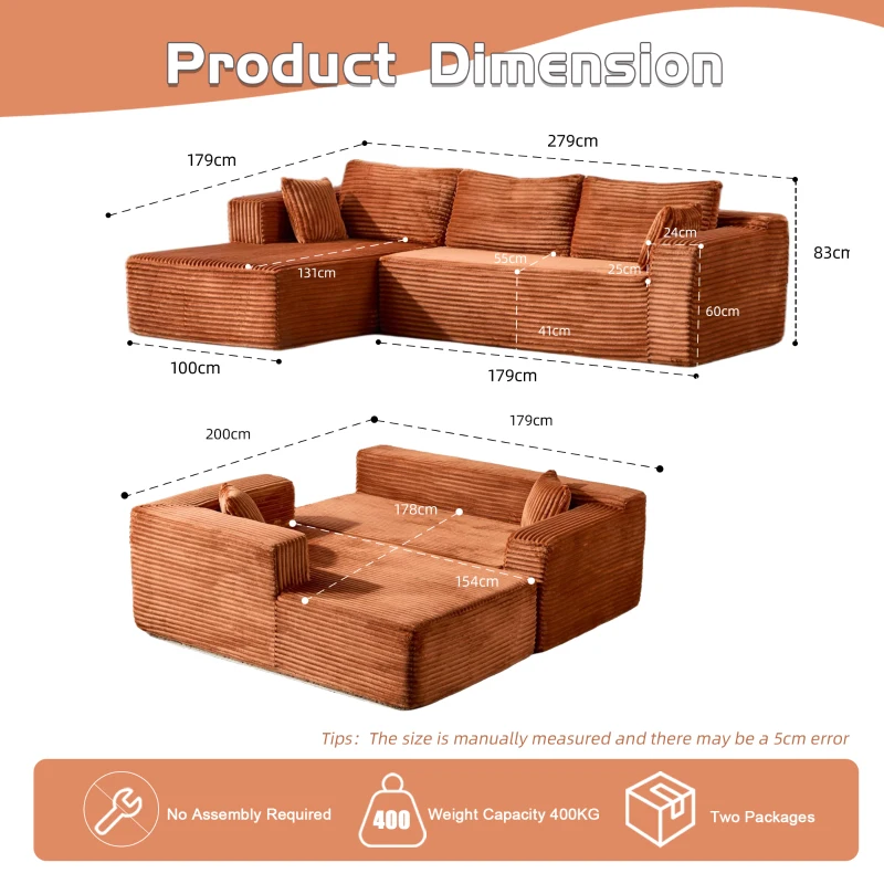 Kompressions-Sofagarnitur mit bequemer Chaiselongue, knochenloses L-förmiges Sofa mit tiefem Sitz, minimalistische modulare Sofas zum Schlafen für Wohnzimmer, Schlafzimmer, Apartment, Lounge, Cord, Braun