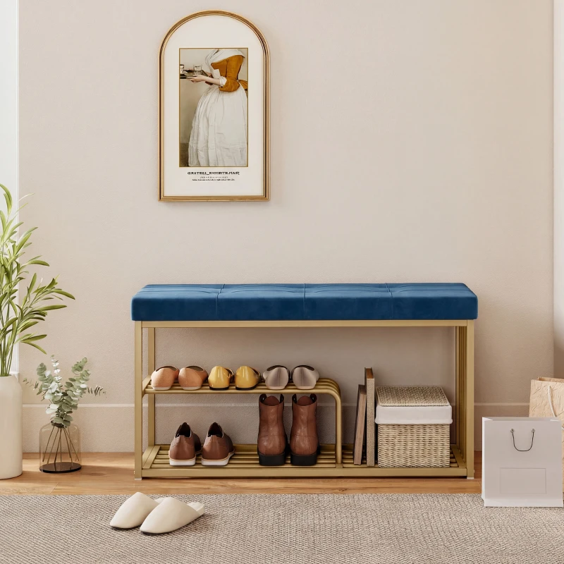 HOMCOM Bench and Shoe Storage, Tufted Shoe Storage Bench with Velvet Seat Cushion Gold Steel Frame for Entryway, Dark Blue