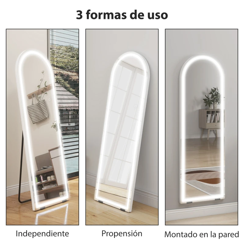 HOMCOM Espejo de Pie Cuerpo Entero con Luces 150x50cm Arqueado sin Marco 3 Temperaturas de Color Brillo Ajustable Transparente