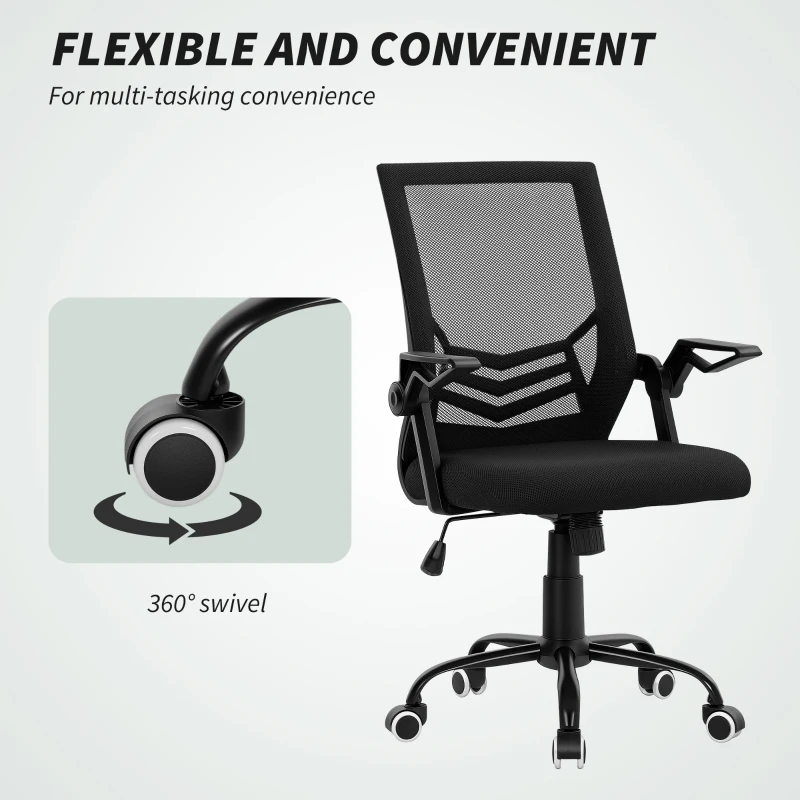 HOMCOM Modern Home Office Furniture Set, Computer Desk with Storage Shelf and Ergonomic Mesh Chair with Flip-Up Armrests, Lumbar Support, Adjustable Height, Rustic Brown and Black