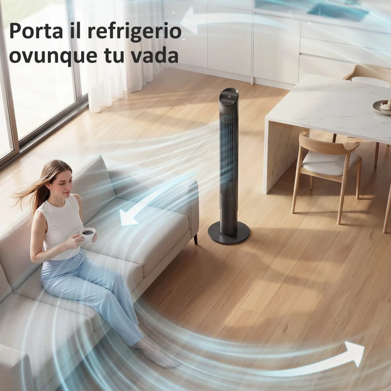 HOMCOM Ventilatore Torre 116 cm, ventilatore WiFi app controllo, camera letto, colore nero