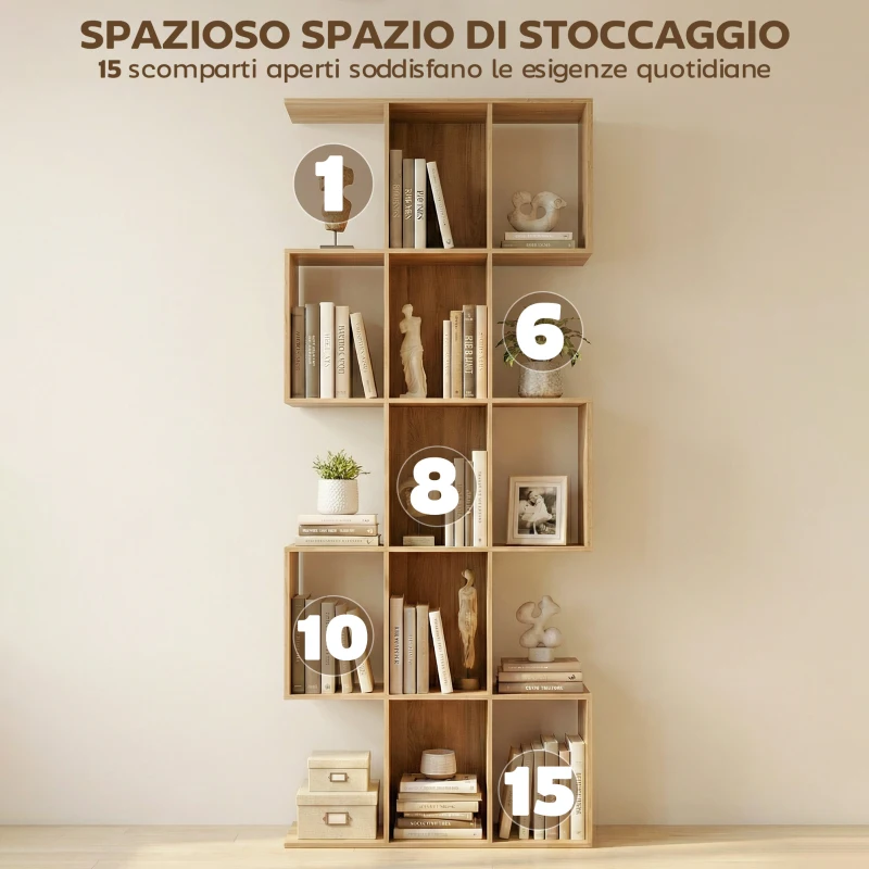 HOMCOM Libreria Scaffale a 5 Livelli a S con 15 Ripiani, in Legno, 80x24x200 cm, color Rovere
