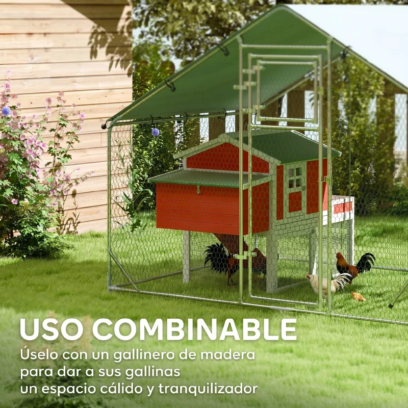 PawHut Gallinero Metálico de Exterior de 3x2m con Percha Multiusos Comedero Colgante Tipo Brocheta y Lona Protectora Resistente