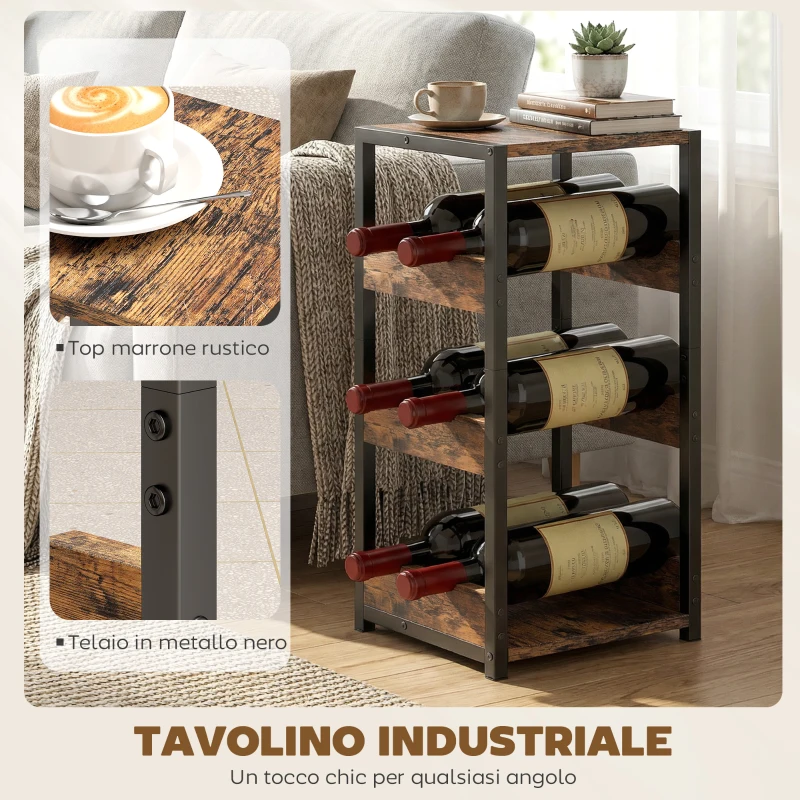 Portabottiglie HOMCOM, scaffali ondulati, piedini regolabili, marrone rustico, nero.