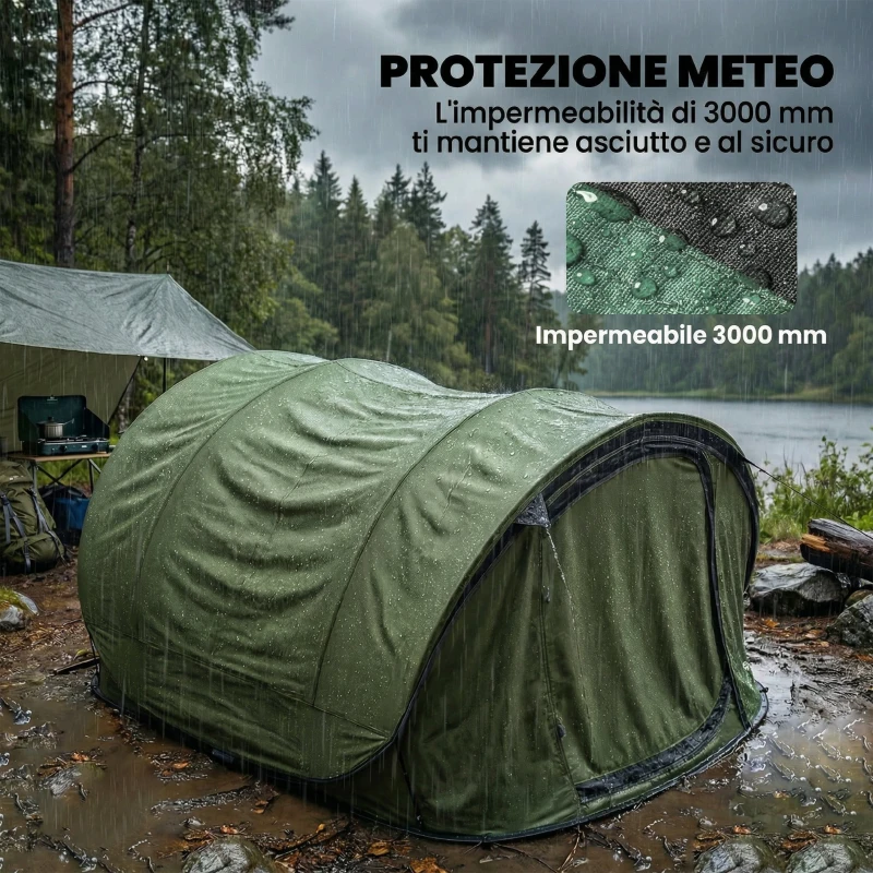 Outsunny Tenda da Campeggio Pop-Up per 2-3 Persone, 2 Porte, 2 Finestre, Impermeabile, Verde