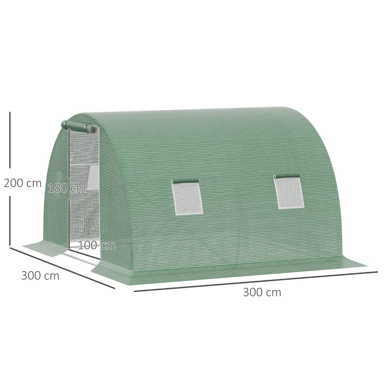 Outsunny Tunnel garden greenhouse 9 m² 4 windows, roll-up zippered door galvanized steel frame, PE cover 300 x 300 x 200 cm green