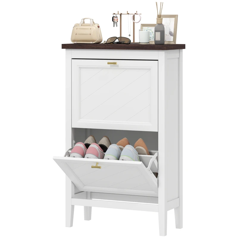 HOMCOM Shoe Cabinet with 2 Flip Drawers, Farmhouse Narrow Shoe Storage Cabinet with Adjustable Shelves, White