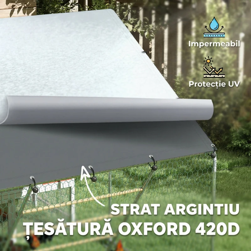 PawHut Închisoare pentru găini de 6m² pentru 6-8 animale cu acoperiș impermeabil, hrănitoare și stinghie, 3x2x1.9m, argintiu(m-7)