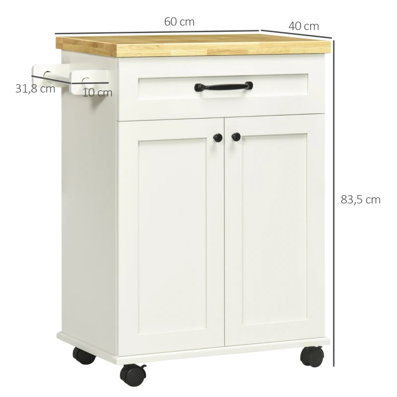 HOMCOM Desserte de cuisine à roulettes multi-rangements 1 tiroir 1 placard 1 portes-torchons blanc et plateau en bois