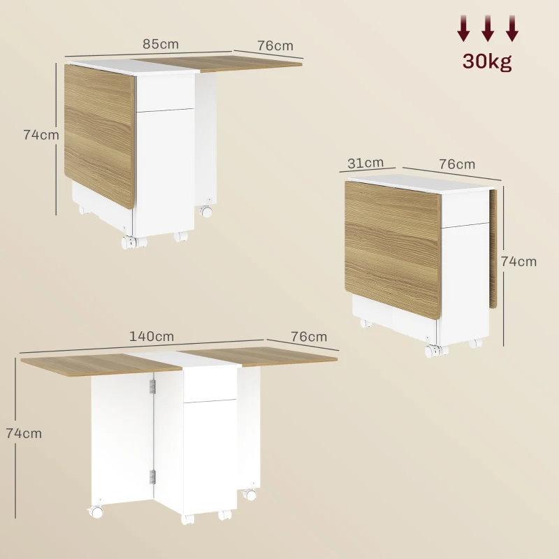 HOMCOM Table à manger pliable pour 6 personnes, table de cuisine sur roulettes avec 2 tiroirs 2 placards, 140x76x74cm, blanc