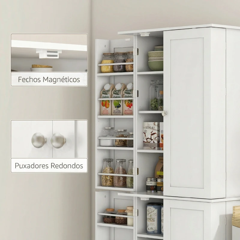HOMCOM Armário Despensa de Cozinha com 4 Portas e Prateleiras Ajustáveis para Sala de Estar ou Sala de Jantar 60x35x166 cm Branco