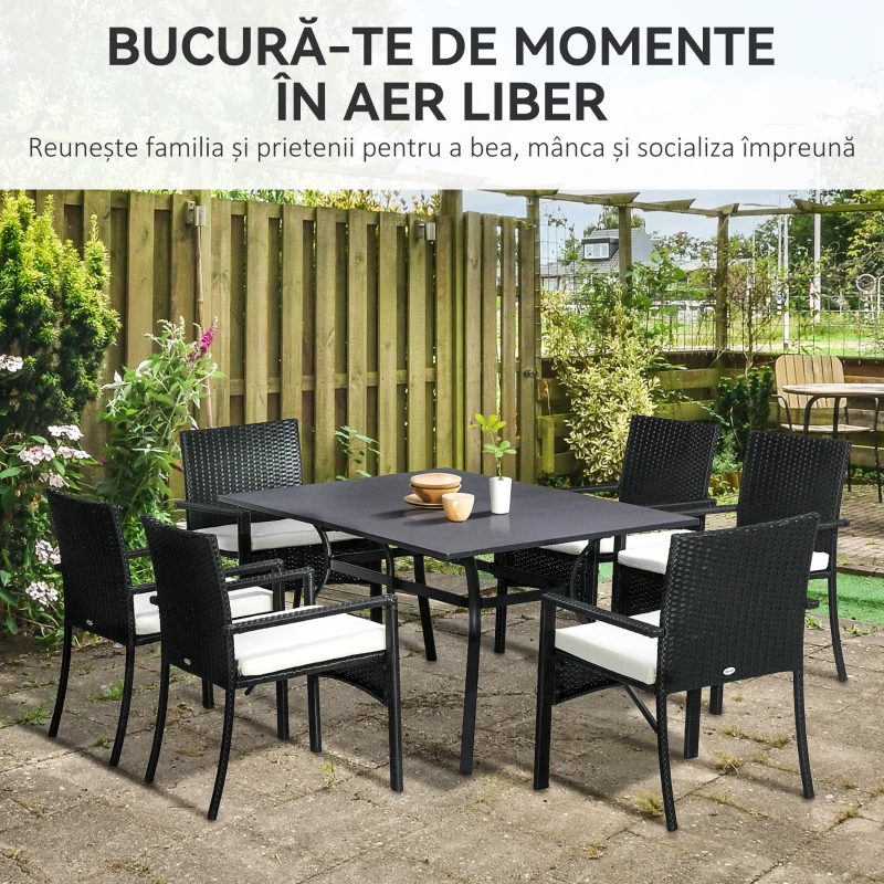 Outsunny Set Grădină 7 Piese din Ratan PE cu Masă de 150x90x72 cm și 6 Scaune de 58x62x87 cm cu Perne