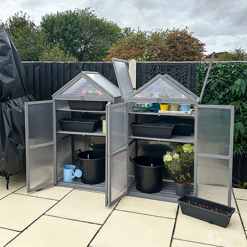 Outsunny 80 x 47 x 138 cm Polycarbonate Greenhouse with Adjustable Shelves Double Doors Openable Top Covers Garden for Flower Vegetable Plants Grey