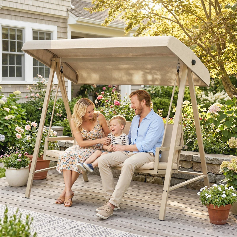 Outsunny Three-Seat Garden Swing Chair, with Adjustable Canopy - Beige
