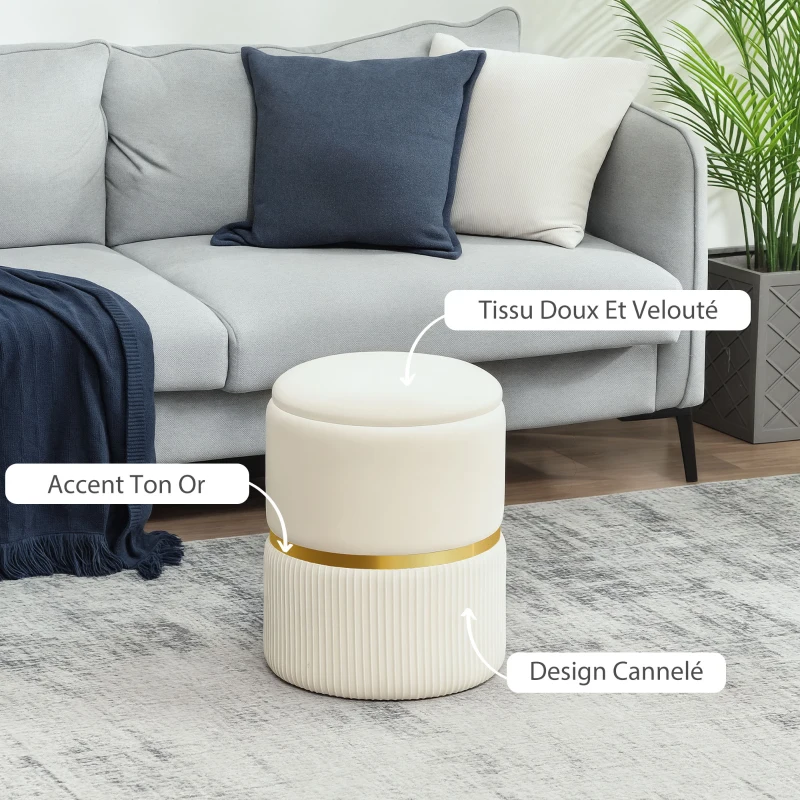 HOMCOM Pouf tabouret repose-pied coffre de rangement en velours côtelé 36 x 36 x 44 cm pour salon chambre beige