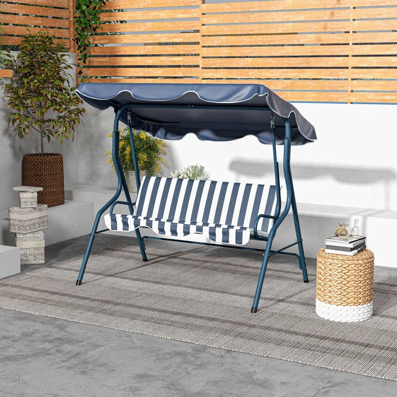 Outsunny Balancelle de Jardin 3 Places Toit imperméabilisé Inclinaison réglable Coussins Assise Dossier Bleu Blanc rayé