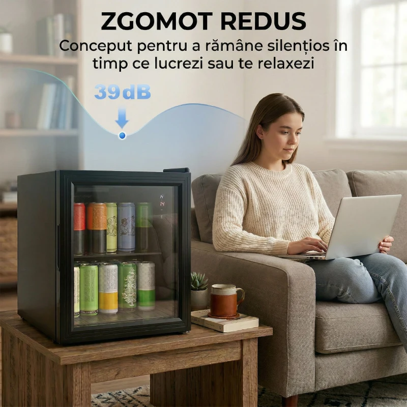 HOMCOM Frigider 46L, 59 Cutii, Ușă din Sticlă, Raft Temperat, LED, Touchscreen, pentru Bucătărie Birou Dormitor Bar, Negru