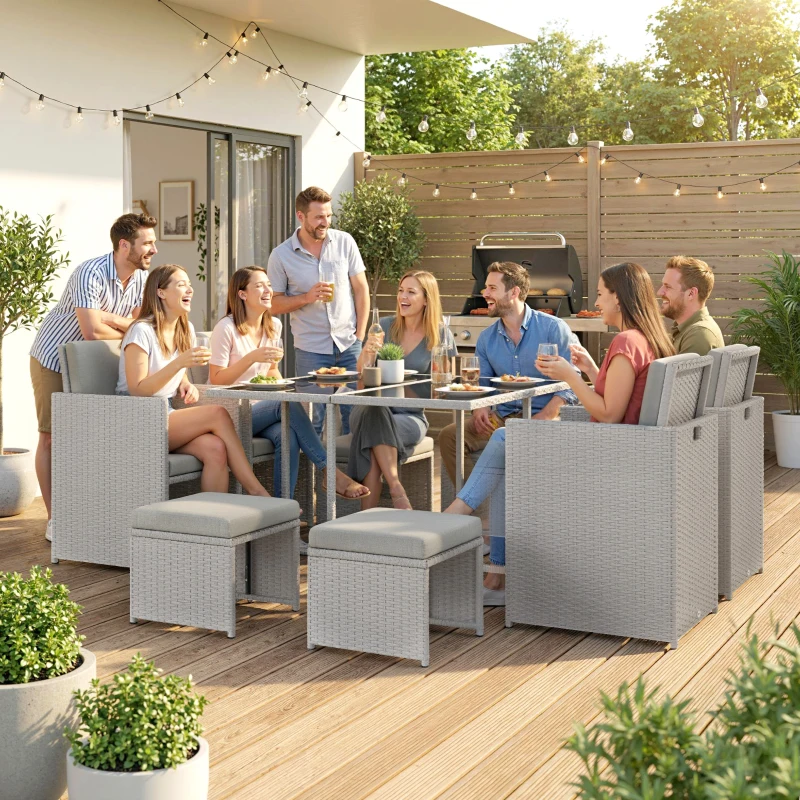 Outsunny 9 Piece Rattan Cube Garden Furniture Dining Set with Armchairs, Footstools and Glass-Top Table, Light Grey