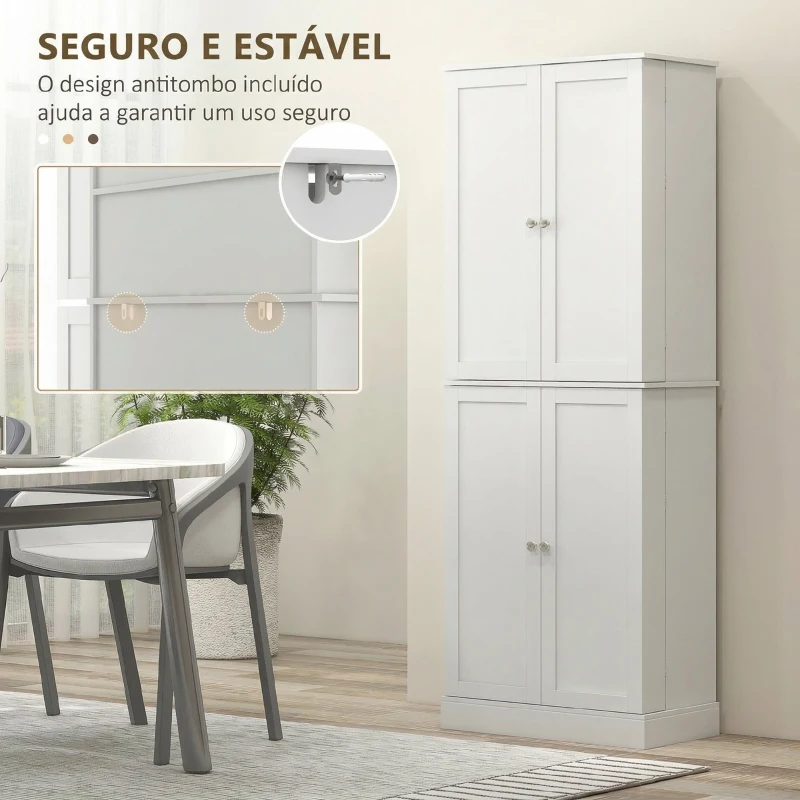 HOMCOM Armário Despensa de Cozinha com 4 Portas e Prateleiras Ajustáveis para Sala de Estar ou Sala de Jantar 60x35x166 cm Branco