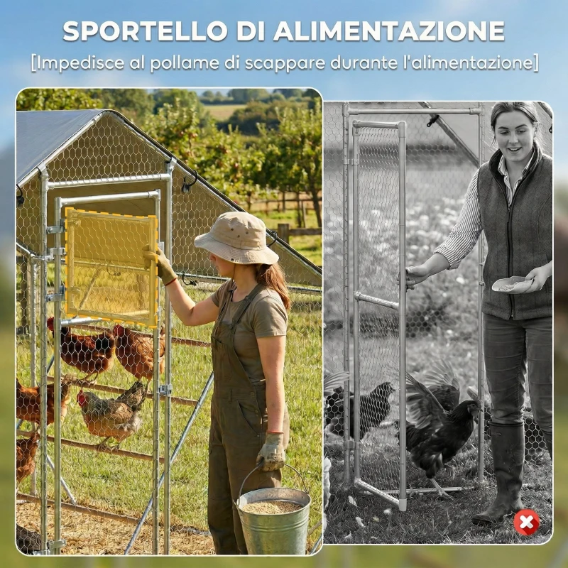 PawHut Recinto per Galline da 6m² per 6-8 Animali con Tetto Impermeabile, Mangiatoia e Posatoio, 3x2x1.9m, Argento