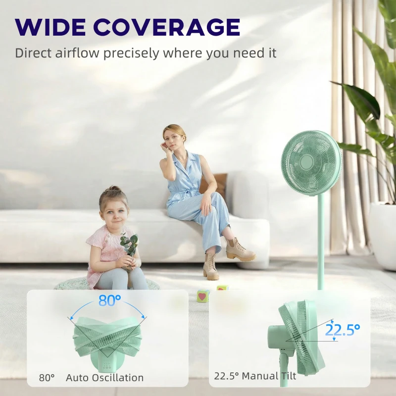 HOMCOM 40 cm Standing Fan, Cooling Floor Fan with 80° Oscillating, Adjustable Tilt and Height, 4 Speed, Remote Control, Green