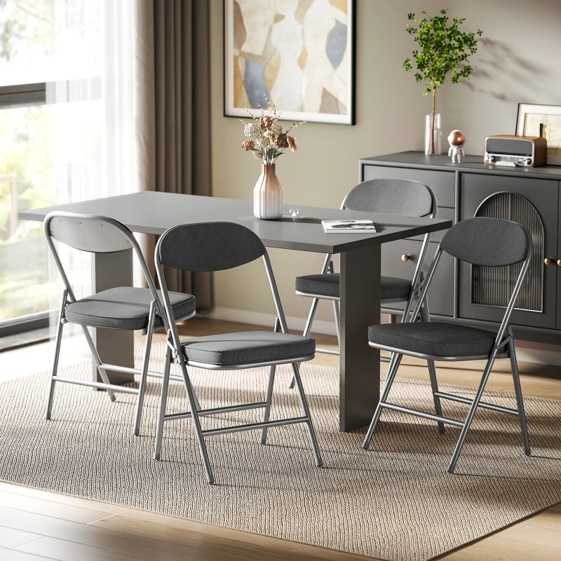 HOMCOM Set of Four Folding Corduroy Seat Chairs - Dark Grey