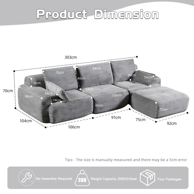 Modernes Sofa aus komprimiertem Memory-Schaumstoff, große Sofagarnitur für das Wohnzimmer, haustierfreundliches modulares Sofagarnitur Cloud, Cordstoff, kein Zusammenbau erforderlich, GRAU