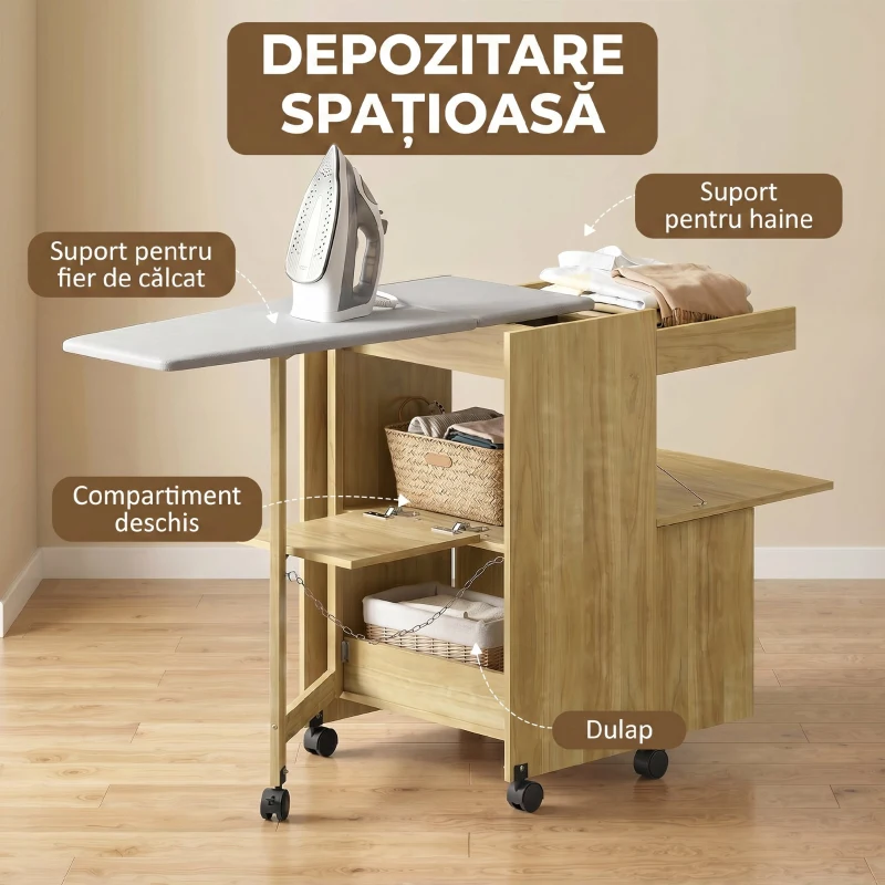 HOMCOM Dulap Masă de Călcat Rabatabilă cu Roți și Suport pentru Fier de Călcat, Dulap Multifuncțional cu Rafturi, Compartiment Deschis, pentru Spălătorie, Baie, 154x55x87 cm, Lemn Natural