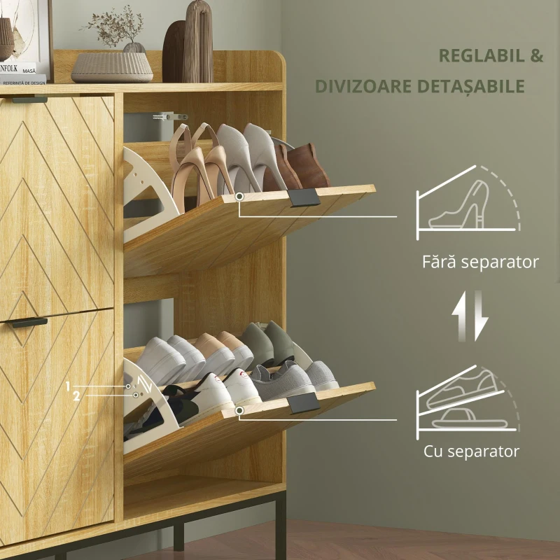 HOMCOM Mobila de pantofi 16 perechi cu 4 sertare, uși rabatabile, rafturi reglabile, 110 x 23,5 x 95,5 cm, stejar