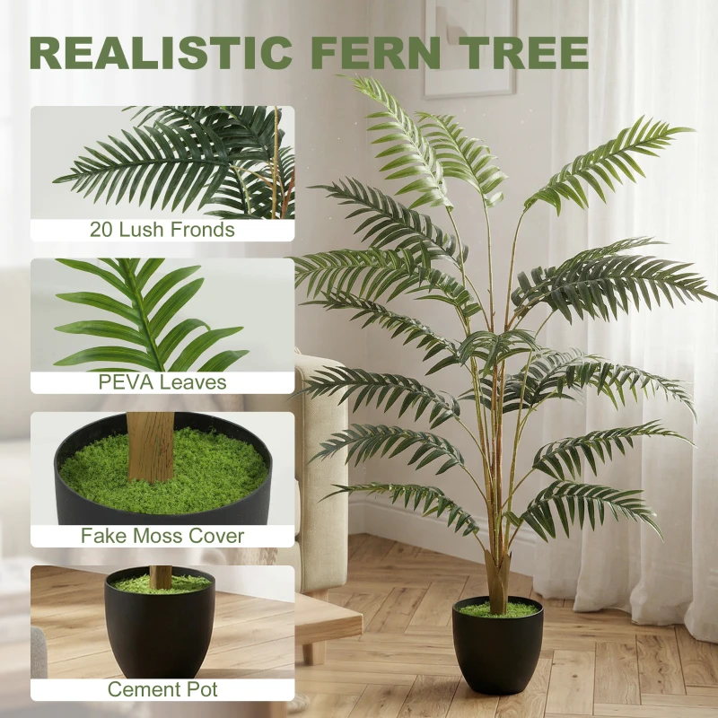 HOMCOM Artificial Fern Topiary Tree, Realistic Artificial Plant in Cement Pot, Fake Plant, 120cm
