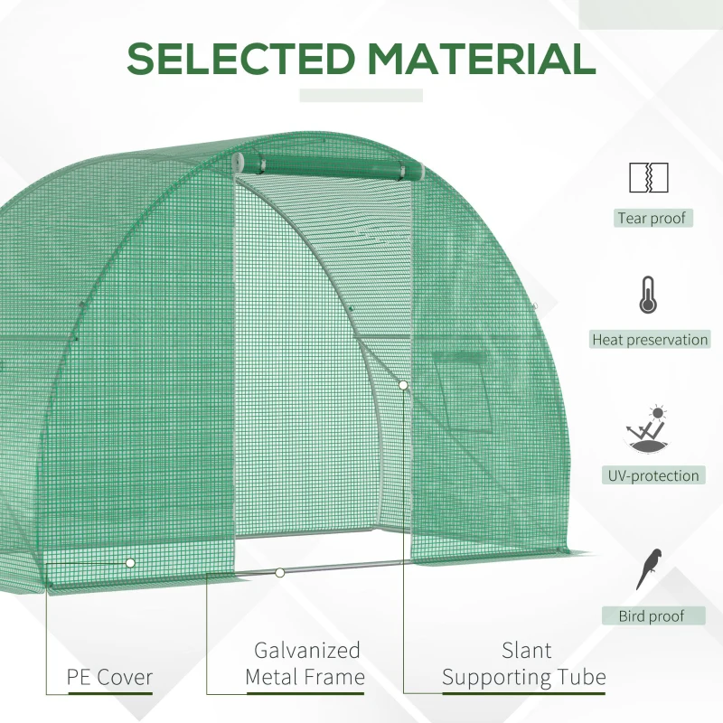 Outsunny Garden Tunnel Greenhouse winter greenhouse Floor Area 4.5 m² dim. 3L x 1.5l x 2H m Reinforced Tubular Frame Zipped Door 2 Roll-up Windows Green