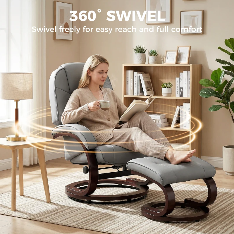 HOMCOM Swivel Recliner Chair with Footstool, PU Leather Recliner Armchair with Adjustable Back and Wood Frame, Grey