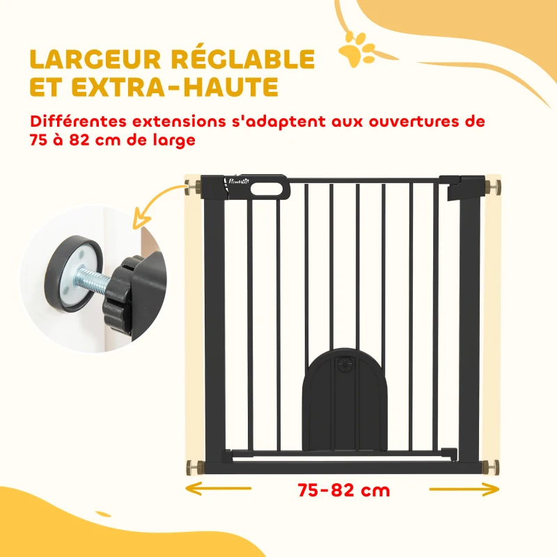 PawHut Barrière de sécurité animaux avec porte fermeture automatique système de double verrouillage, acier noir