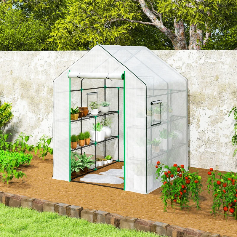 Outsunny Invernadero de Exterior con 6 Estantes Puerta Enrollable Cubierta de PE y Marco de Acero 140x143x190 cm Blanco
